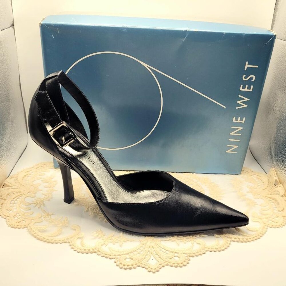 Nine West Clyde Black Leather 9M Ankle Strap D'orsay Pump